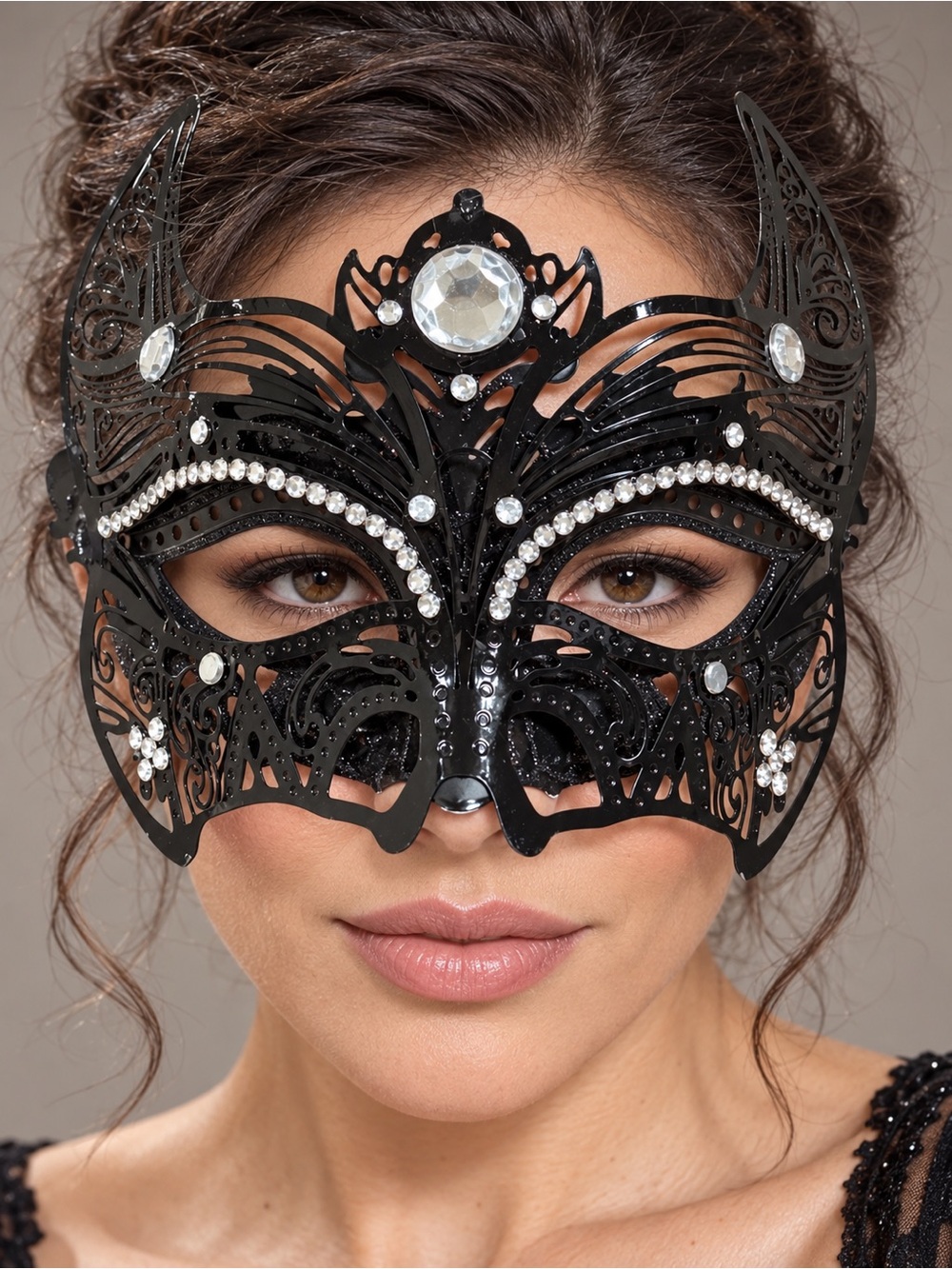 Black Crystal Filigree Masquerade Mask with Rhinestone Accents